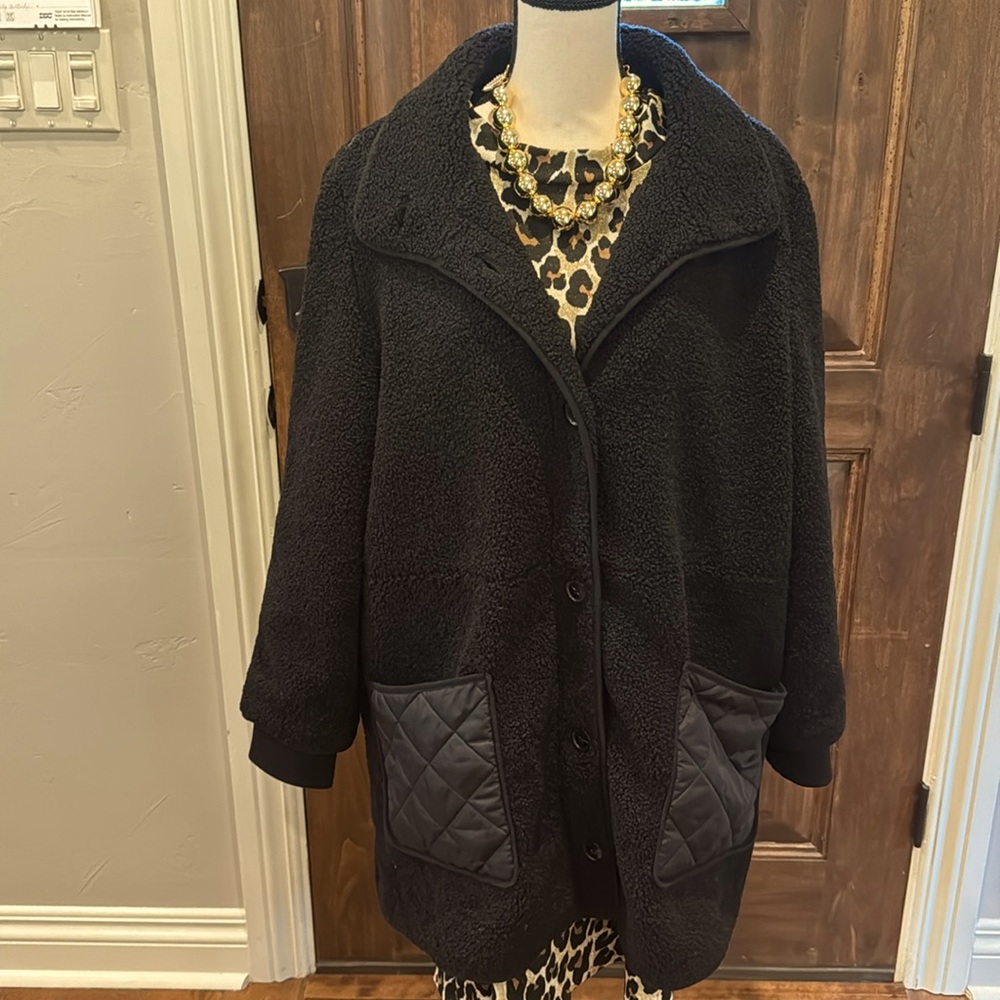 LOFT Black Faux Fur Jacket with Black Quilted Pockets & Backside of Jacket